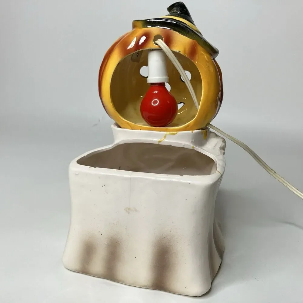Vintage Relpo Halloween Ceramic Planter Jack O Lantern Scarecrow Lighted CRACKED
